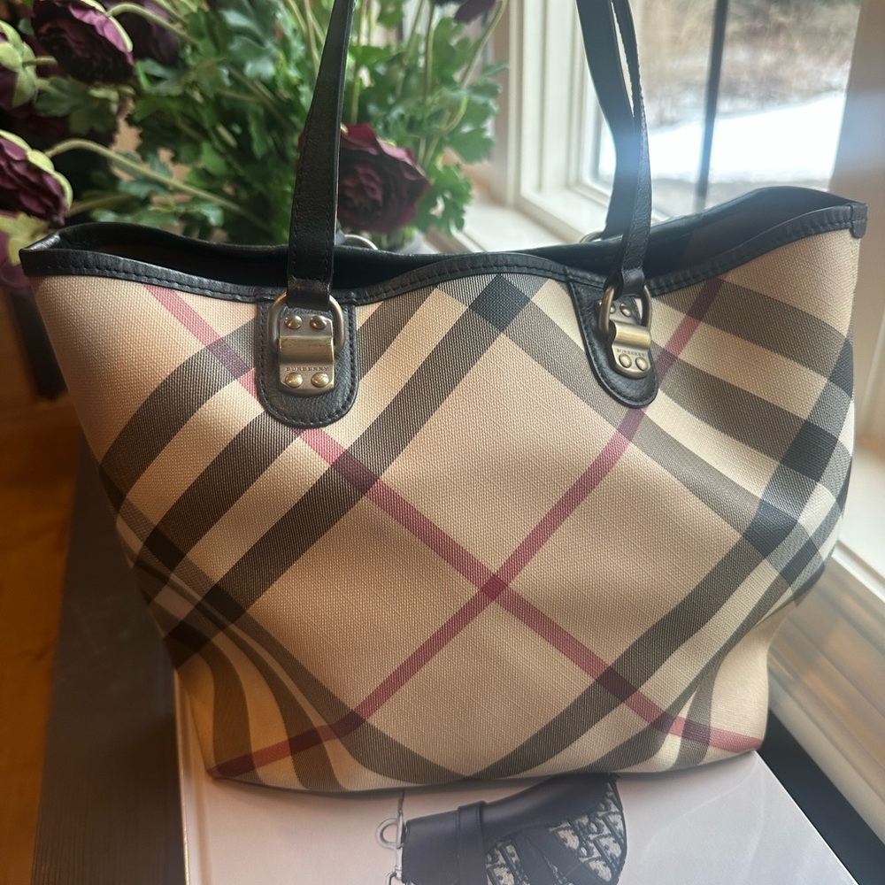Burberry Plaid Tote Bag - Black, Cream, and Pink - Picture 1 of 16